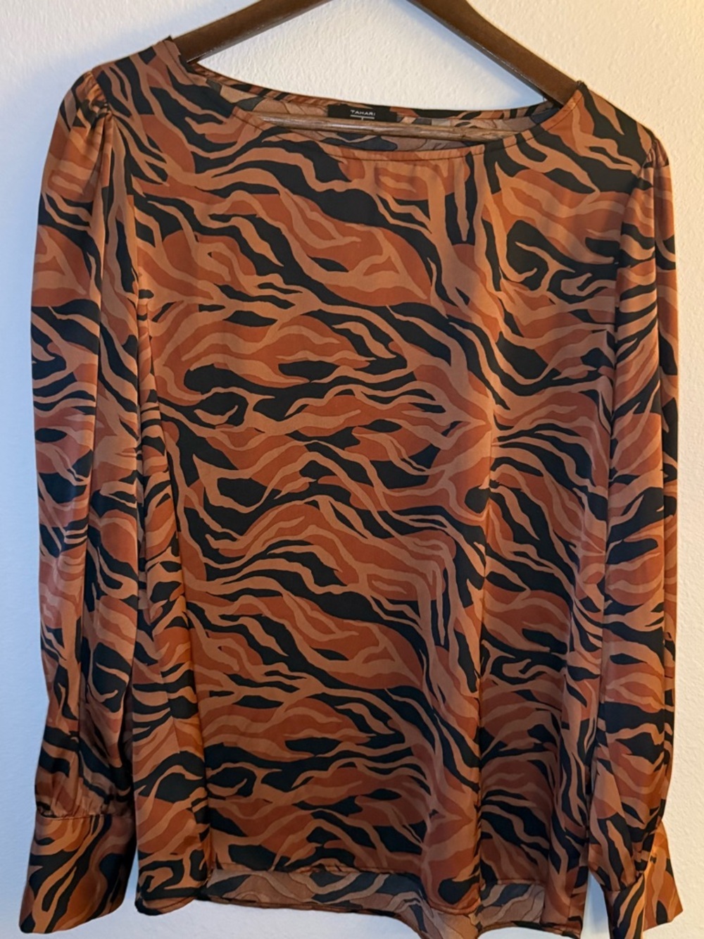 Tahari Rust and Black Animal-Print Long-Sleeve Blouse